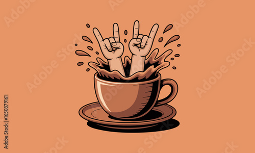 This illustration features rock hand gestures emerging from a coffee cup, symbolizing energy and enthusiasm, all while splashing coffee artfully.