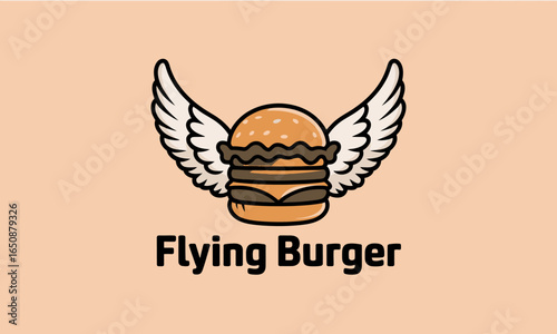 This whimsical flying burger logo features a hamburger with wings, embodying fun and creativity, making it an eye-catching design for food-related ventures.