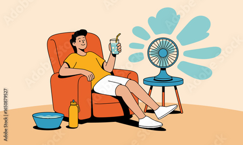 A relaxed individual sits in a cozy chair, sipping a refreshing beverage while enjoying the soothing air from a fan, representing comfort and leisure during a staycation.