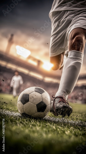 Soccer player kicks a ball on a field. The image captures the excitement and energy of the game