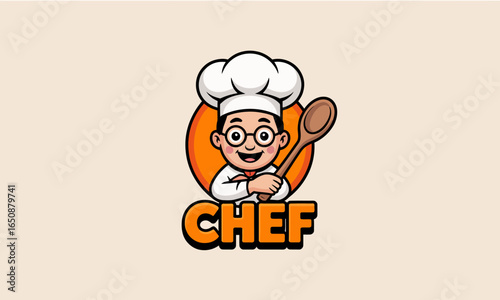 This delightful image features a smiling chef character holding a spoon, creating a warm and inviting feel suitable for restaurants and food-related businesses.