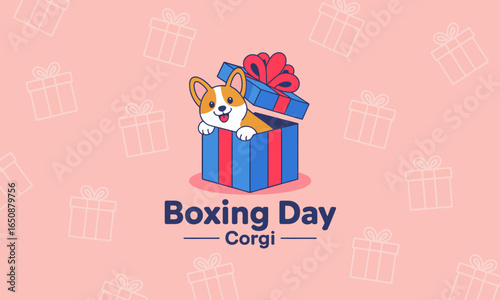 This cheerful design features a Corgi popping out of a gift box, embodying the joyful spirit of Boxing Day, perfect for holiday-themed promotions or animal lovers.