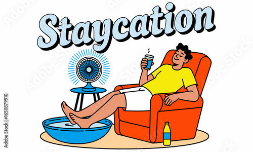 This vibrant illustration captures a person enjoying a refreshing drink while sitting comfortably in a chair with a fan, epitomizing relaxation and leisure during a staycation.