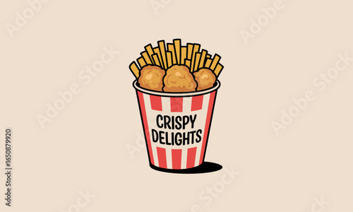 This image showcases a bucket filled with crispy fried chicken and golden French fries, creating a delightful and appetizing meal perfect for comfort food lovers.