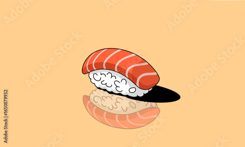 A beautifully designed sushi piece showcases its simplicity and elegance on a flat, reflective surface, capturing the essence of culinary artistry with minimal distractions.