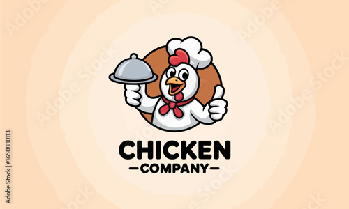 This chef chicken logo presents a cheerful character holding a serving dish, ideal for culinary companies seeking a friendly and approachable brand representation.