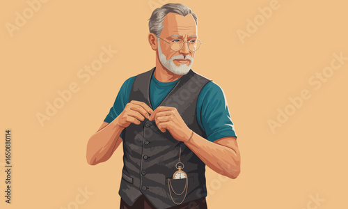 An elderly gentleman dressed in a vest holds a pocket watch, embodying nostalgia. His serious look conveys a deep sense of reflection and timelessness.