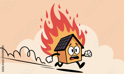 A cartoon house, appearing panicked and distressed, is running away from raging flames, showcasing a humorous yet cautionary message about fire safety.