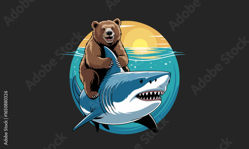 A humorous depiction of a bear riding a shark in the ocean, representing a fun and adventurous spirit through a cartoonish and vibrant artistic style.