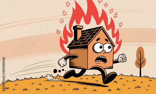 An animated house is also running away from fiery flames, expressing fear and urgency in a whimsical manner, emphasizing the need for fire awareness and caution.