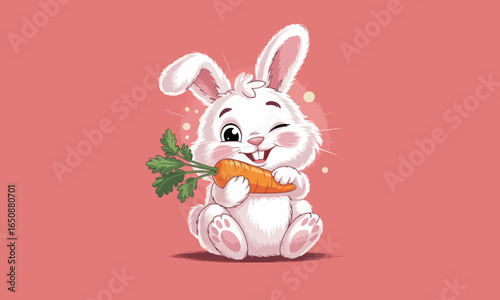 This sweet white rabbit lovingly hugs a carrot, showcasing its playful spirit and innocence, perfect for attracting hearts in children's art and stories.