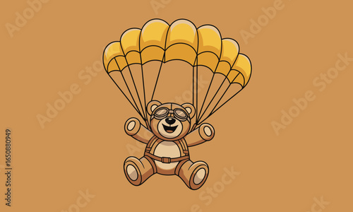 A cheerful bear in goggles and a parachute descends joyfully, representing adventure and playfulness in a whimsical, engaging illustration against a warm backdrop.