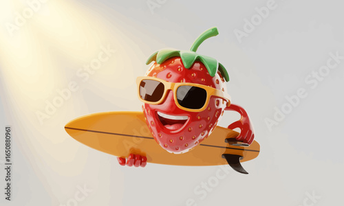 This realistic 3D strawberry character with sunglasses holds a surfboard, exuding confidence and style while representing the playful aspects of summer beach culture.