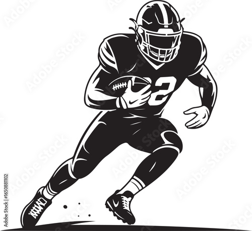 Dynamic football player running with ball, ready to score