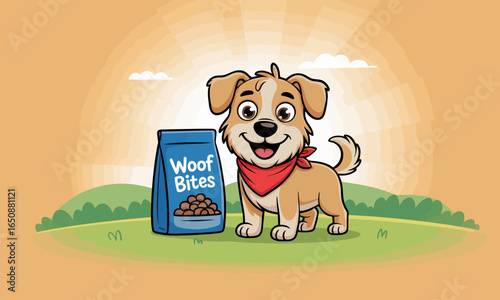 A cheerful dog with a red bandana stands beside a bag of Woof Bites dog food, embodying joy and the essence of pet companionship in a vibrant outdoor setting.