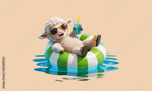 A relaxed sheep lounging on a float in a pool while enjoying a refreshing drink, representing leisure, happiness, and the carefree spirit of summer in a whimsical style.
