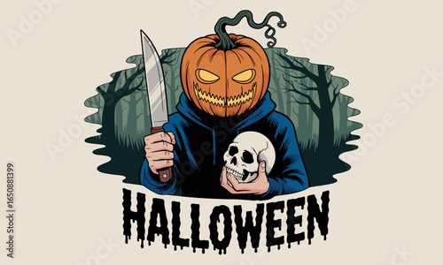 A pumpkin-headed figure brandishes a knife and holds a skull, creating a chilling aura in an ominous forest setting, perfect for Halloween-themed art.