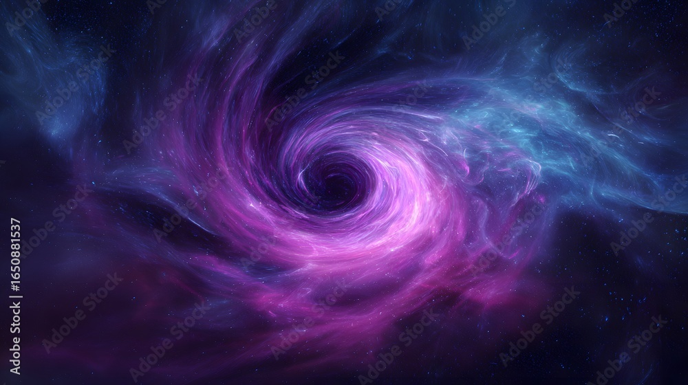 Naklejka premium An otherworldly vortex of purple and blue light swirling into a central void evokes a sense of cosmic wonder and mystery in the night sky.