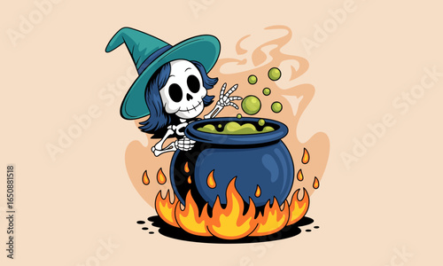 A cheerful skeleton witch enjoys mixing green bubbles in her cauldron, embodying a fun and magical essence perfect for Halloween-themed decorations.