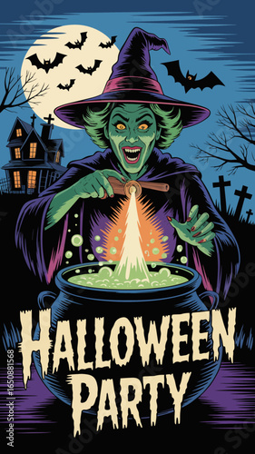 A vibrant witch character brews a magical potion in a cauldron, set against a spooky backdrop of a haunted house, bats, and a glowing moon for a thrilling Halloween vibe.