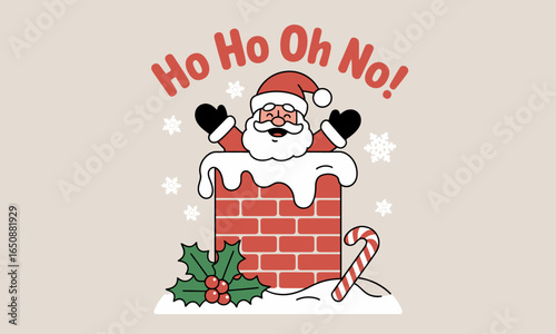 A humorous depiction of Santa Claus stuck in a chimney surrounded by holiday decorations, conveying the fun and chaotic spirit of Christmas celebration.