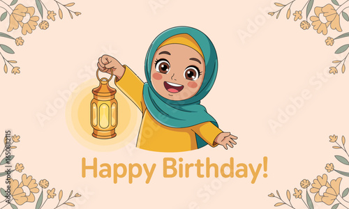 A joyful child wearing a teal scarf holds a glowing lantern, radiating warmth and happiness, making this birthday celebration truly special and heartfelt.