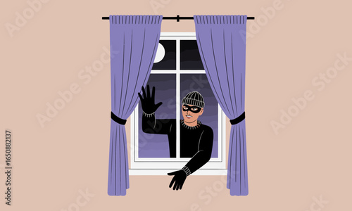 A masked intruder is seen peeking through a window at night, showcasing the tension and unease associated with home security and invasion scenarios.