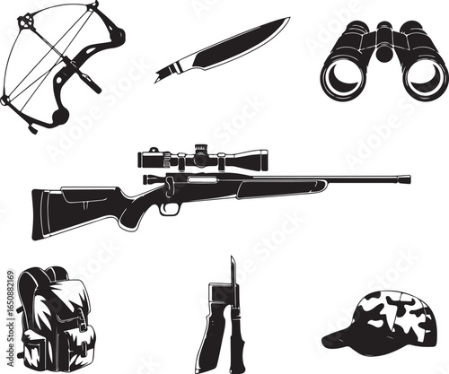 Hunt gear survival kit crossbow rifle binoculars knife backpack