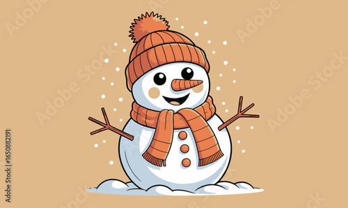 This joyful snowman shines with a cheerful smile, wearing an orange knitted hat and scarf, radiating celebration and warmth, making it a perfect representation of winter happiness.