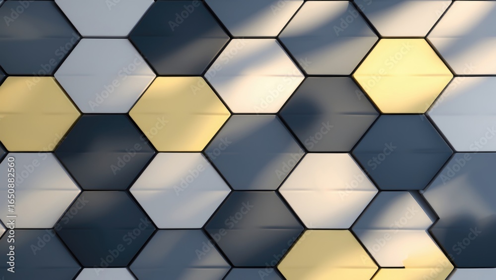 Naklejka premium Hexagonal pattern with light and shadow, modern geometric design. Architectural or technological theme. Abstract hexagon tiles in various shades.