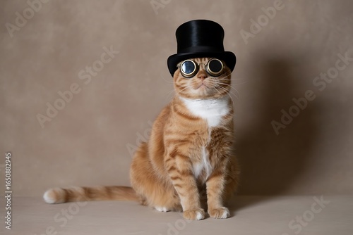 Charming ginger cat wearing a stylish top hat and steampunk goggles sits elegantly against a neutral backdrop