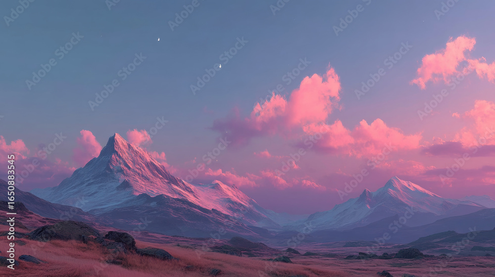 Fototapeta premium Mountain range with snow peaks pink and purple sky during sunset, rocky terrain foreground