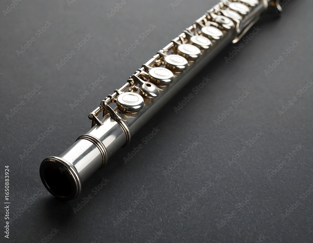 Naklejka premium Silver flute on dark background