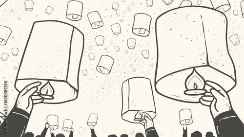 Illustration showing hands releasing sky lanterns into the air during a celebration or festival event silhouette