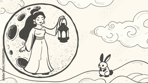 Chang e holding lantern in moon with rabbit and clouds in a black and white line drawing style image silhouette