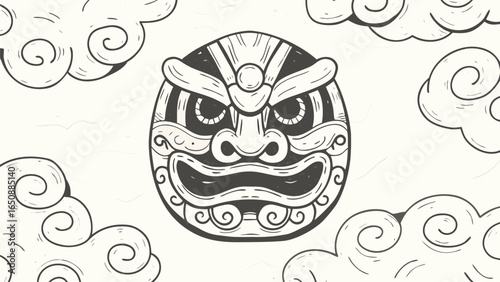 Illustration of a traditional asian mask surrounded by stylized clouds on a white background art piece silhouette