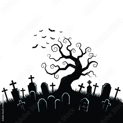 spooky halloween graveyard, silhouette tree with bats, dark night sky, eerie atmosphere, gothic landscape, creepy, horror, black and white