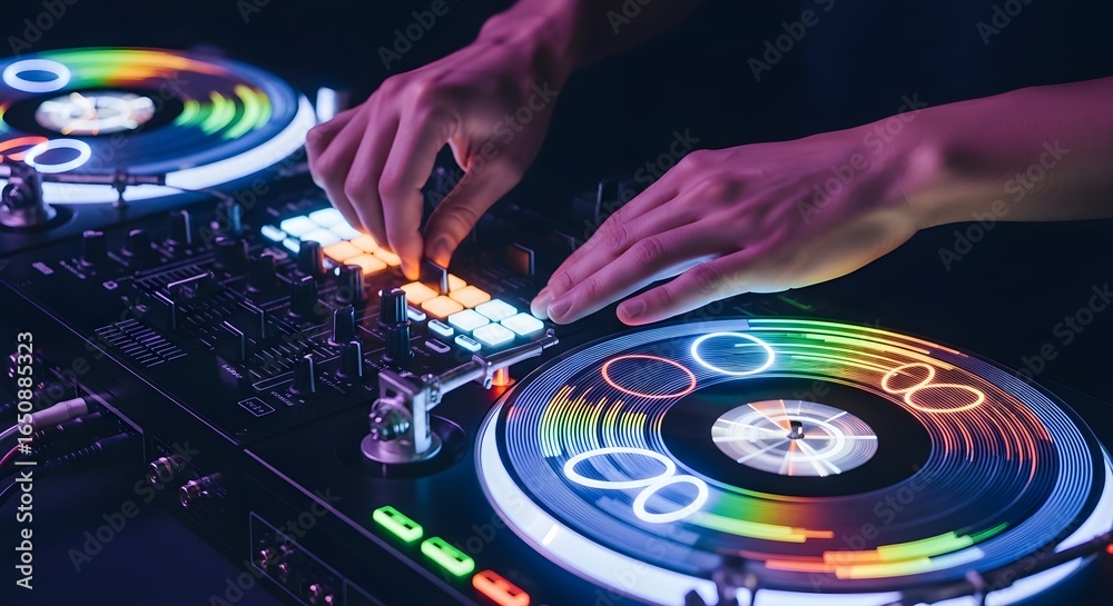 Obraz premium DJ hands mixing music on illuminated turntables with glowing colorful lights
