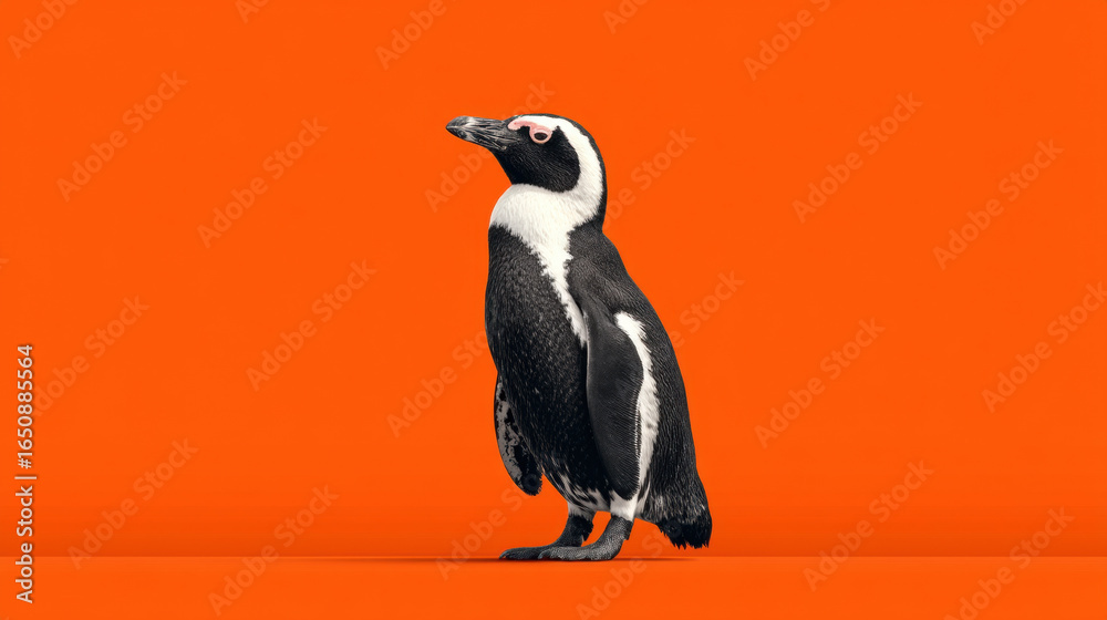 Fototapeta premium Penguin standing upright orange background with curious expression, detailed black and white