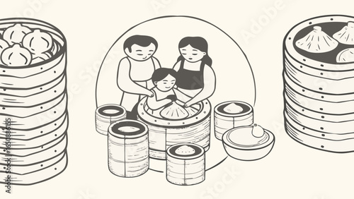 Family making dumplings together surrounded by bamboo steamers filled with dumplings and ingredients silhouette