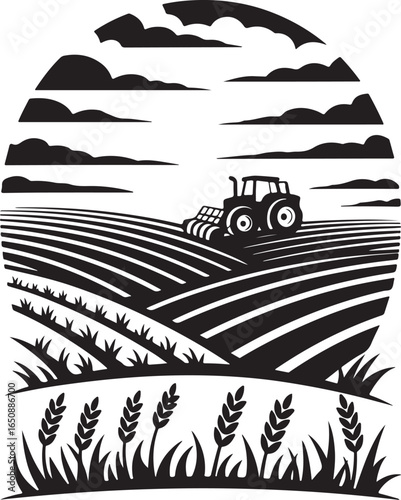 Tractor plows fertile fields under dramatic skies
