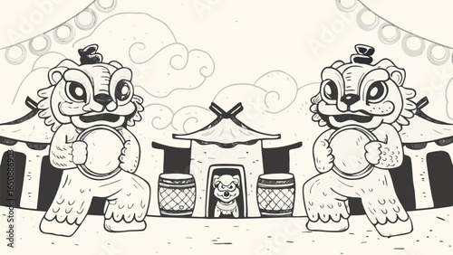 Illustration of two lion dancers flanking a tent with a dog character and cloud background design silhouette
