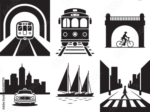 Urban transit and city life icons: train, trolley, bike, taxi