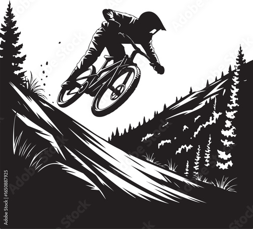 Dynamic downhill cyclist jumps over rugged terrain forest