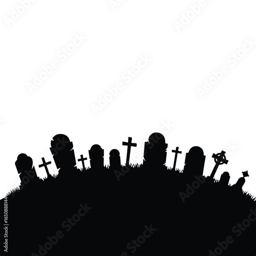 graveyard, cemetery, tombstones, crosses, haunting, dark, gloomy, spooky, creepy, silhouette, gothic, moody, atmospheric, eerie, night scene, fog, mist, abandoned, overgrown, weathered