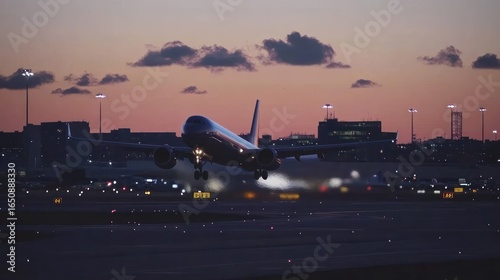 Dramatic airplane takeoff during the twilight over the city skyline creating atmospheric image
