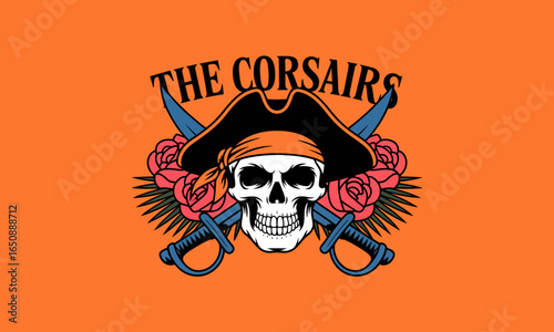 This captivating design presents a corsair skull amidst crossed swords and lush roses, vividly embodying the adventurous spirit of piracy in bold, colorful style.