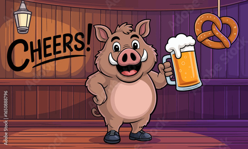 A delightful pig character holds a beer mug and a pretzel in a cozy bar atmosphere, embodying the spirit of festivity, togetherness, and playful enjoyment of life.