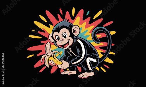 A happy cartoon monkey revels in a banana with a burst of color behind it, perfectly blending joy and whimsy in an artistic depiction full of life and vibrancy.