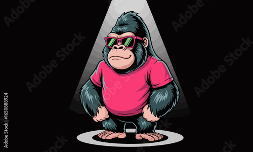 A cool gorilla stands confidently in a pink shirt, paired with sunglasses, highlighted by a spotlight, projecting a vibe of charisma and modern artistic flair for varied uses.